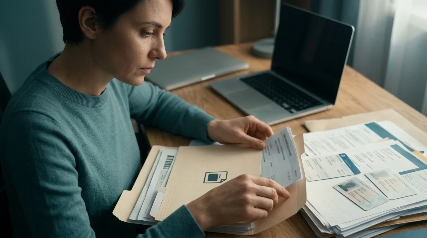 Persona organizando capturas, avisos bancarios y documentos en una carpeta segura