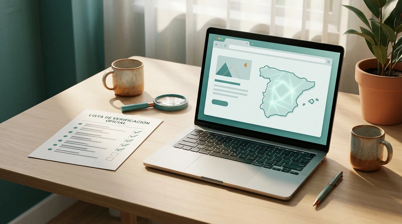 Mesa de trabajo con una lista de verificación oficial y un mapa de España